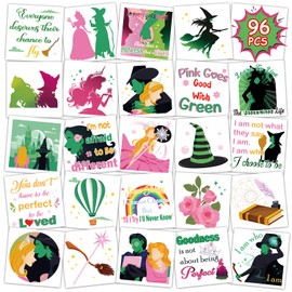 Rukoy Witch Magic Temporary Tattoos, 96Pcs Pink and Green Witch Tattoos Pre-cut, Witch Theme Hat Broomstick Wizard Tattoos, Witch Birthday Party Supplies & Gifts, 24 Designs
