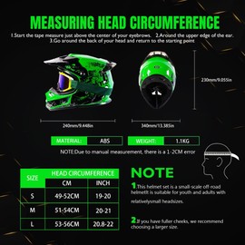 Loyoriwy Kids Youth Full Face Motocycle Dirt Bike Four Wheelers Off-Road Helmet, Motocross Go Kart Racing ATV BMX Helmets with Goggles, Gloves, Mask,4Pcs Set, DOT Approved（Green，S）