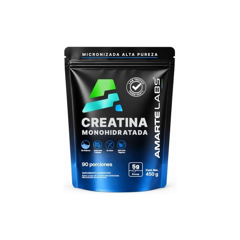 AMARTE LABS Creatina monohidratada en polvo alta pureza, 90 porciones,