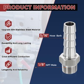 Kozelo Pack of 10 Stainless Steel Hose Barbs Fittings 5/16" Hose Barbs to 1/8" NPT Male Fittings