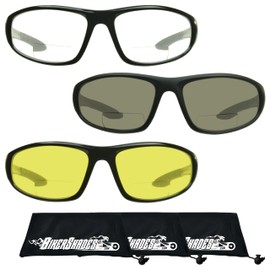 Bikershades Bifocal Safety Sunglasses Protection Sport Wrap Around Reader Cycling Driving Golfing Outdoor Work Black Frame Smoke & Clear & Yellow Lens +2.50