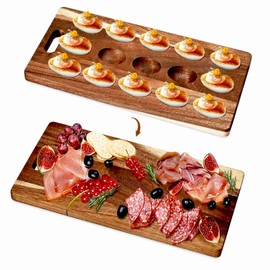Erwuldor Acacia Wood Deviled Egg Platter,15Holes Deviled Egg Tray.Strip Deviled Egg Holder for Deviled Eggs.Small Charcuterie Board Easter Deviled Egg Carrier for Kitchen Countertops