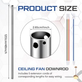 VIHOSE 48 Inch Ceiling Fan Downrod with Extension Cord 4 ft Silver Downrod for Ceiling Fan 1 Inch Outside Diameter Not Threaded Suitable for a Wide Range of Fans
