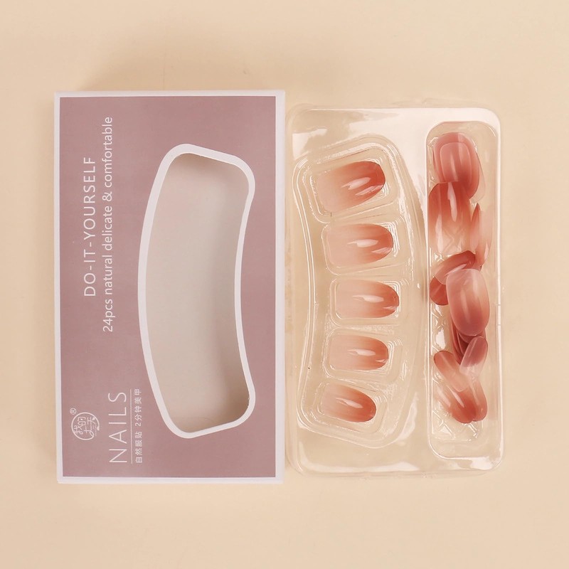 Nail Tip, Short, Round, 24 Pieces, False Nail, Gradient, Pink,