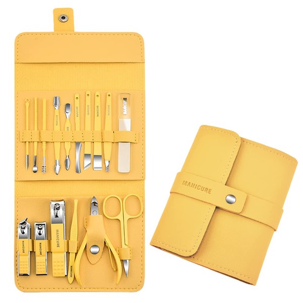 Manicure Set, 16 Pcs Professional Nail Clippers Kit Pedicure Care Tools, Stainless Steel Grooming Kit with Travel Leather Case (Yellow)