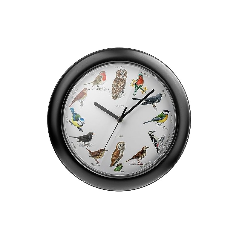 ZEON Birdsong Wall Clock with Hourly Birdsong Announcements, Black, 24cm