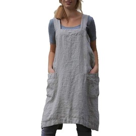 Amlztr Women's Pinafore Apron Cross Back Apron with Pockets Cotton Linen Apron Dress Plus Size