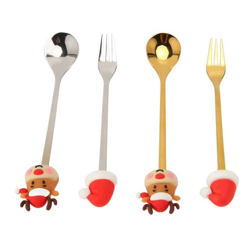 4Pcs Christmas Spoons and Forks Set Stainless Steel Cartoon Funny