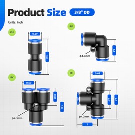 Hoodutric 40Pcs Quick Connect Air Hose Fittings Kit, 3/8 inch OD 10 Straights +10 Tees +10 Elbows +10 Splitters Push to Connect Fittings Pneumatic Fittings use 3/8 inch Tube
