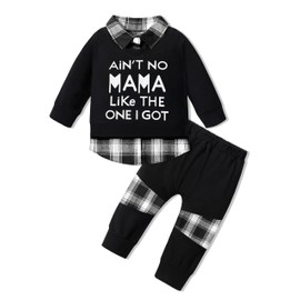 CRISONE Toddler Boy Clothes 18-24 Month Fall Winter Outfits Ain't No Mama Grey Plaid Shirt + Long Pants Warm Toddler Clothes for Boys