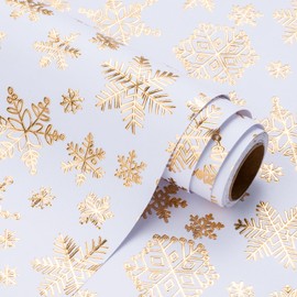 WRAPAHOLIC 3D Kraft Christmas Wrapping Paper Roll - Mini Roll - 17 Inch x 16.5 Feet - Gold and White Christmas Snowflake Design with Embossed Perfect for Holiday, Party Celebration