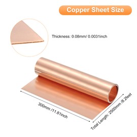 sourcing map Copper Sheet Roll 2500mm x 300mm x 0.08mm, 12" x 8.2ft 38 Gauge 99.9% Pure Copper Flashing Strip Metal Foil Plate for Electricity DIY Projects (Multiple Sizes)