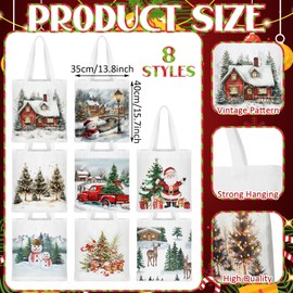 Frienda 8 Pcs Christmas Canvas Tote Bags Vintage Watercolor Grocery Bag Reusable Cute Aesthetic Gift Xmas Tree Pattern for Women Goody Treat Candy with Handle for Xmas Party Gifts Supplies
