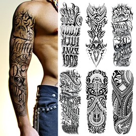 Kotbs 6 Sheets Large Tribal Totem Temporary Tattoo Sleeves for Men, Waterproof Black Totem Realistic Full Temporary Tattoos for Women Adults