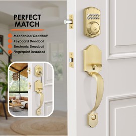 Haidms Gold Front Door Handle, Entry Door Handleset No Lock, Exterior Door Handle with Reversible Handle Lever, Single Cylinder,Lower Half Lever for Left & Right Hand Door