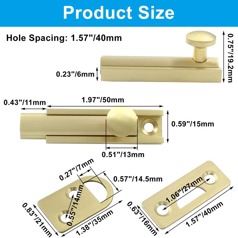 Luomorgo 1 Pack Solid Brass 2 Inch Surface Bolt, Brushed