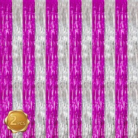 BEISHIDA Hot Pink Silver Door Streamers Backdrop Foil Fringe Tinsel Party Streamers Curtains Photo Backdrop - 2Pcs for Birthday Graduation Bachelorette Party Decoations