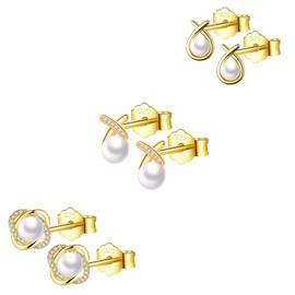 HinDaLi 3 Pairs 925 Sterling Silver Pearl Stud Earrings for Women Girls Diamond Gold Studs Earrings Gold Pearl Earrings Stud Round Women Earrings Gold Sleeper Cubic Zirconia Gold Earrings Set