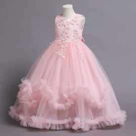Flower Girl Maxi Gown for Kids Boho Lace Ruffle Tulle Pageant Princess Long First Communion Wedding Bridesmaid Formal Prom Birthday Party Dance Evening Dresses Photo Shoot Pink-Tassel 9-10 Years