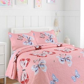 Cozy Line Home Fashions Pink Microfiber Reversible Girls Coverlet Bedspread Quilt Set, Bedspread, Coverlet (Butterflies, Queen - 3 Pieces)