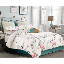 Swanson Beddings Oriental Style Reversible Floral Print 5-Piece 100% Cotton Bedding Set: Duvet Cover, Two Pillowcases and Two Pillow Shams (Queen)