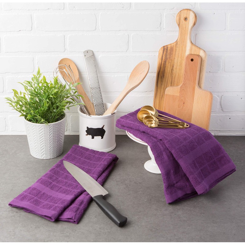 DII Basic Terry Collection Windowpane Dishtowel Set, 16x26, Eggplant Solid,