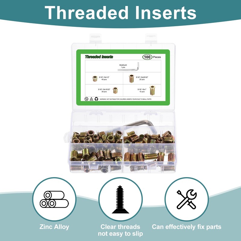 sourcing map 100Pcs 4 Sizes Threaded Inserts Nuts, Zinc Alloy