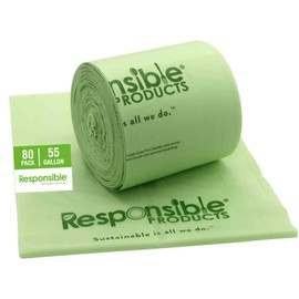 Responsible Products 55 Gallon Kitchen Bin Liners, Certified Compostable, Heavy Duty Multipurpose Food Scrap Bags, Made from Compostable Materials (80 Count)