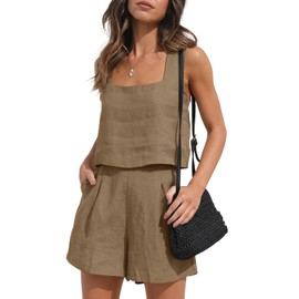 AUTOMET Womens 2 Piece Outfits Lounge Matching Sets Two Piece Linen Shorts Crop Tops 2023 Trendy Clothes Summer Vacation Set, Coffee, L