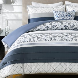Finlonte Navy Comforter Set Queen Size - Cotton Boho Blue Striped Pleated Bedding Set, Floral Pattern Soft Duvet Insert, Skin Friendly Reversible Comforters with 2 Pillowshams, Navy Blue/White