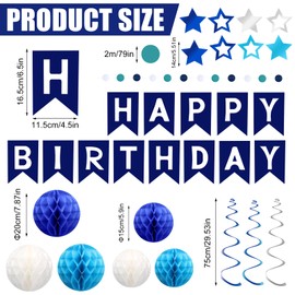 Happy Birthday Garland Blue, Birthday Decoration Boys, Birthday Decoration Man, Navy Blue Happy Birthday Banner with Honeycomb Ball, Star Hanging Swirl Streamer, Circle Dot Garland Decorations for