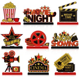 Blosssound 9 Pcs Movie Night Party Decorations Movie Theme Wooden Table Centerpieces Theater Now Showing Table Sign Cinema Popcorn Star Tabletop Decor for Home Film Birthday Party Supplies