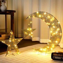 Glooglitter Pre-lit Eid Mubarak Decorations for Home Metal Eid Star Moon Crescent Light Ramadan Decorations Outdoor Lighted Night Lamp Sign with LED String for Yard Lawn Pathway