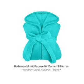 npluseins Extra Soft Hooded Bathrobe Made of Cuddly Fleece, Available in Modern Colours and Various Sizes, Unisex, Calf Length, turquoise