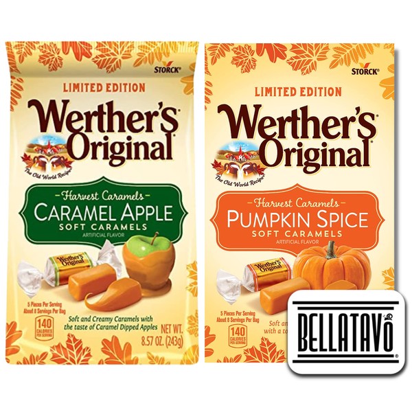 Soft Caramels Fall Candy Bundle. Includes Two-8.57 Oz Bags of Werthers Soft Caramels. 1 Bag Each: Pumpkin Spice Candy and Caramel Apple Soft Caramels. Comes With a BELLATAVO Fridge Magnet!