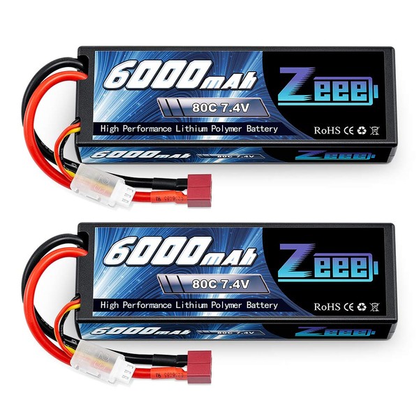 Zeee 6000mAh 80C 2S 7.4V Lipo Battery Hardcase with Deans Connector for 1:8 Scale RC Car, RC Airplane, RC Helicopter, RC Boat (2 Pack)