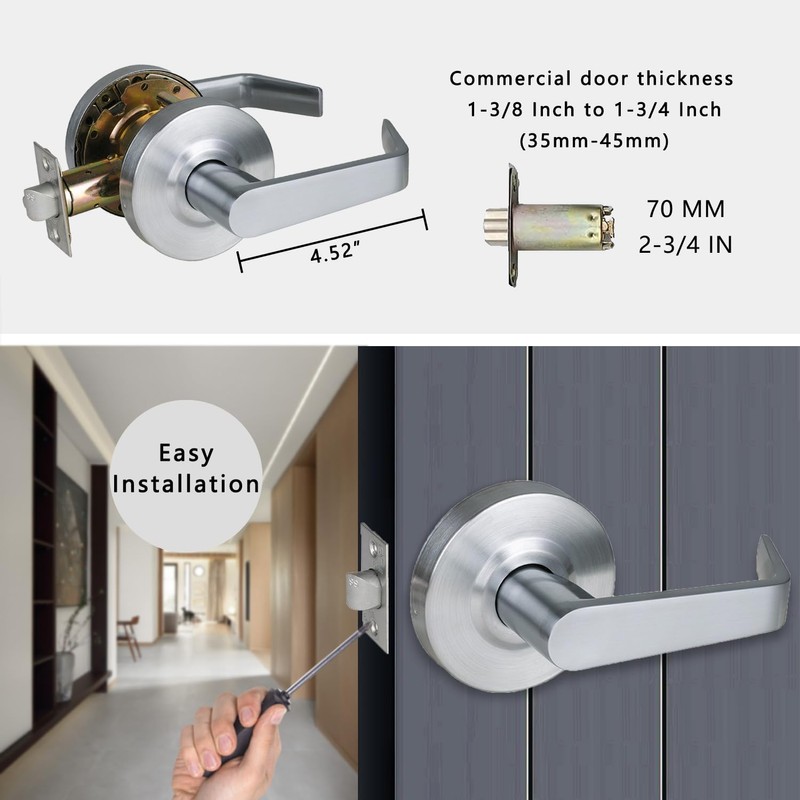 HISAFE Heavy Duty Commercial Passage Door Lever, Satin Chrome Finished