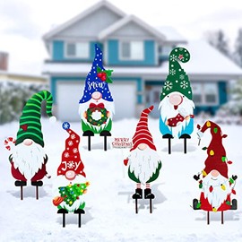 6 Pcs Metal Christmas Yard Sign Decoration Gnome Yard Stake Outdoor Patio Yard Lawn Signs Decorative Garden Stakes for Outside Xmas Holiday Garden Pathway