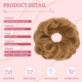 SEGOHAIR Messy Bun Hair Piece 100% Real Human Hair Wavy Chignon Updo Hair Bun with Elastic Scrunchie for Women & Girls- 1 PCSLight Brown