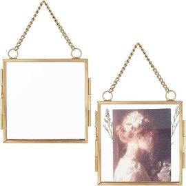 2 count Mini Hanging Glass Frame Wall Hanging Photo Frames 2.7 Inch Double Glass Picture Frame with Chain Folding Frame DIY Vintage Artwork Display Frames for Pressed Flowers Pictures Home Wall - Colour: 3.5x3.5 inch