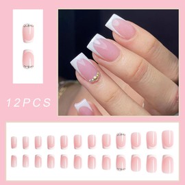 Short Square Press on Nails French Tip Fake Nails Simple Glue on False Nails Full Cover Artificial Acrylic Stick on Nails Nude Pink False Nails for Women Daily Wear Manicure Decoration 24Pcs