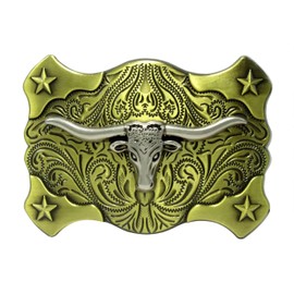 Moranse Golden Longhorns Bull Engraved Pattern Design Cowboy western Belt Buckles, Stars Long Horn Bull Head 2, Medium