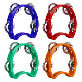 4pcs Mini Percussion Tambourine, Red Orange Blue Green Plastic Percussion Tambourine Cute Half Moon Tambourine Musical Rhythm Instruments for Boys Girls Kindergarten Party Family Gatherings