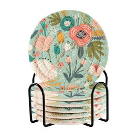 Bar Coaster for Drinks, Coil Woven Coasters Holder Pad 3.94 in Diameter for Mugs Thickness of 0.24 in with Metal Rack Print Colorful Floral Flowers On Turquoise