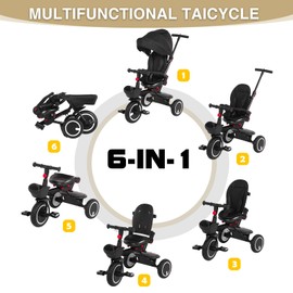 Baby Tricycle, 6-in-1 Folding Kids Trike with Removable Push Handle, Rotatable Seat, Adjustable Canopy, Storage Box, Safety Harness, Balance Bike, Toddler Trike for 7 Months - 5 Year Girls and Boys