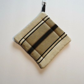 Handmade Hot Pad Trivet Pot Holder Black Tan Stripe Quilted 7 inch Square Corner Loop