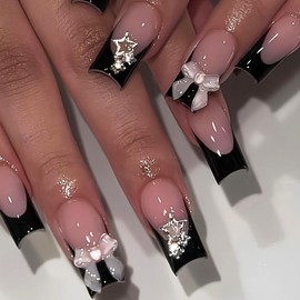 Viugex 24Pcs Nude Pink Press on Nails Long Square, Black French Tip False Nails with 3D Bow Pentagram Designs, Glossy Glitter Full Cover Fake Nail, Acrylic Stick on Nails for Women Daily Wedding Wear