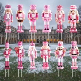 Roowest 12 Pcs 10 Inch Pink Christmas Nutcracker Yard Stakes Nutcracker Soldier Ornaments Christmas Lawn Sign for Holiday Decor Outdoor Xmas Decoration for Outside Lawn Porch Patio Yard Garden Pathway