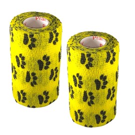 Vet Wrap Wrap Tape (Yellow with Paw Prints) (2 Pack) (2 Inch x 15 feet) Self Adhesive Adherent Adhering Cohesive Flex Self Stick Bandage Grip Roll Dog Cat Pet Horse