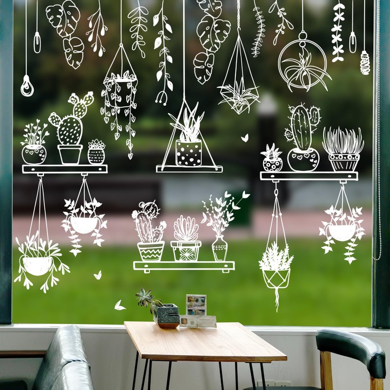JarThenaAMCS 37Pcs Potted Plant Window Clings White Cactus Succulent Window